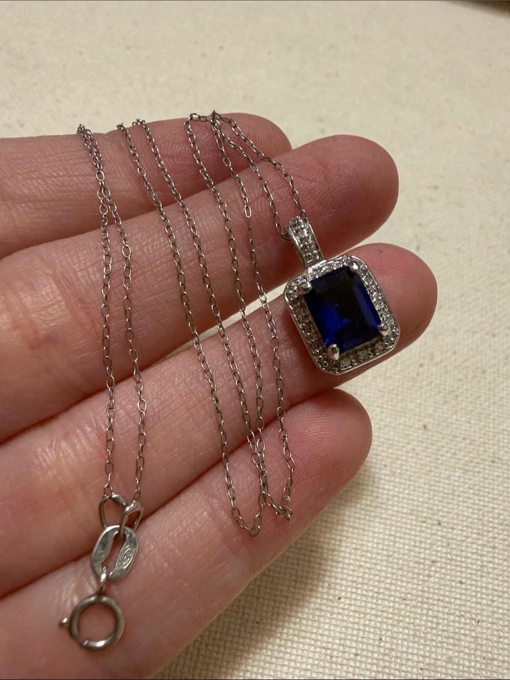 Sterling Silver 925 Blue Sapphire CZ Halo Pendant Necklace 18’ inch